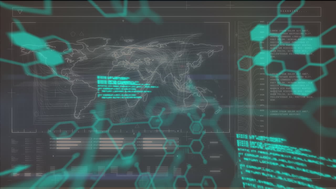 estructuras químicas y procesamiento de datos a través de una interfaz digital con un mapa del mundo en fondo negro