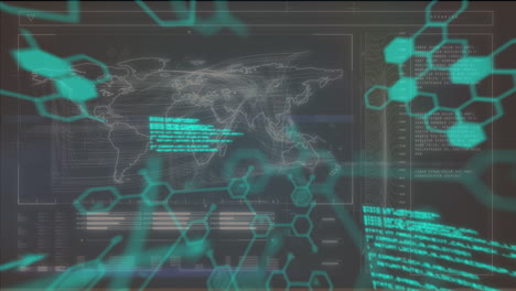 Chemical structures and data processing over digital interface with world map on black background
