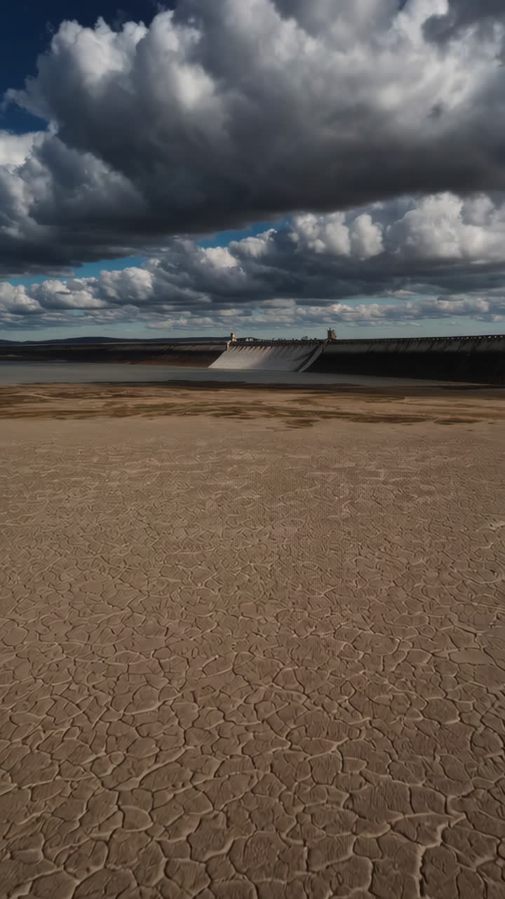 Empty Reservoir and Dry Land Around a Dam