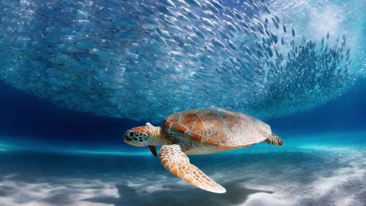 A mesmerizing underwater scene featuring a graceful turtle swimming under a shimmering school of fish, showcasing the beauty of marine life and the dynamic interplay in ocean ecosystems