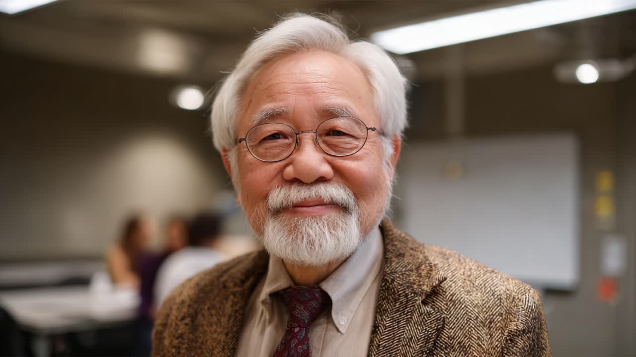 A Friendly Elderly Man with a Distinguished Beard and Glasses, Smiling Warmly in a Professional Environment, Exuding Wisdom and Experience in Each Moment Captured