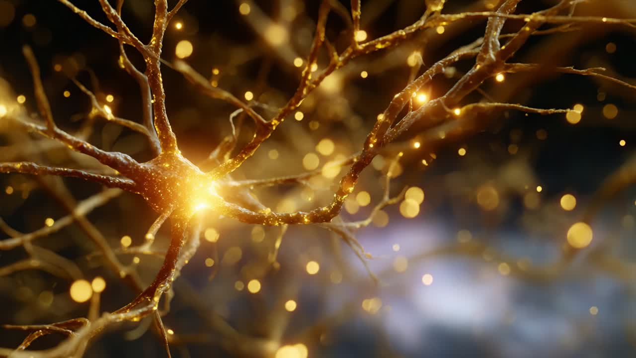 An Intricate Journey Through the Neural Network: A Detailed Exploration of Neurons in Vibrant Gold and Brilliant Light, Capturing the Essence of Their Complex Structures and Connections