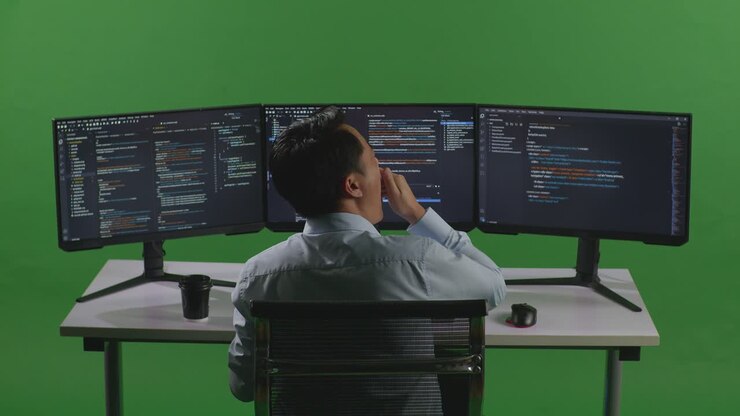 Programmer working on multiple screens