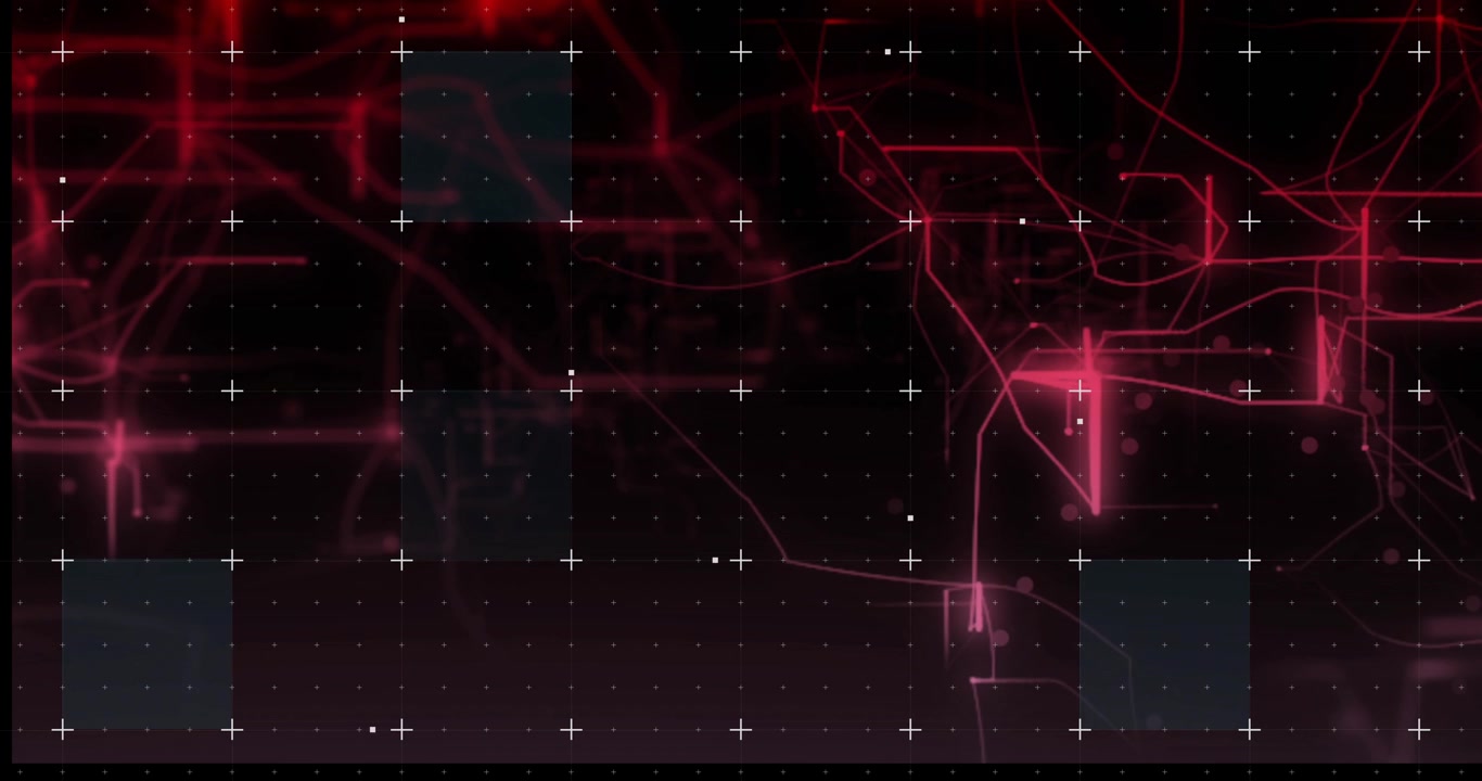Neon-red network activating after pulse, filaments tracing and squares sliding, showing data flow