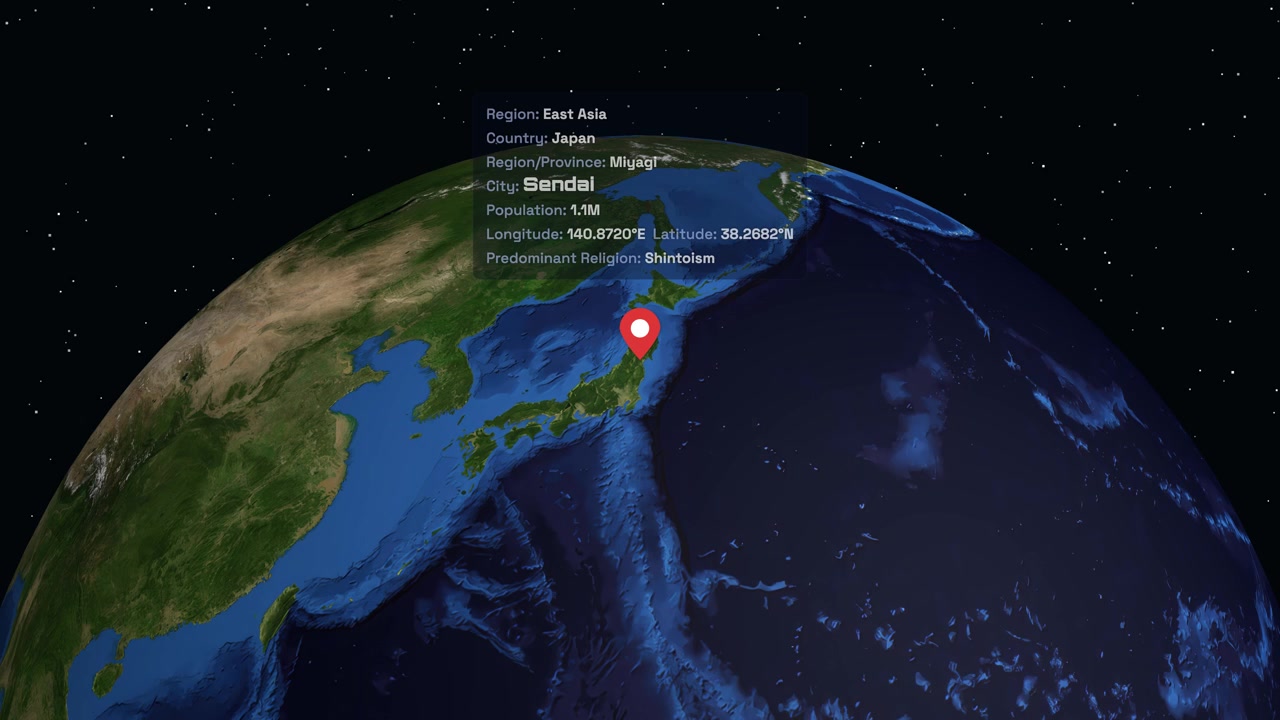 Digital globe rotates and zooms from space into Sendai Japan with location data overlay