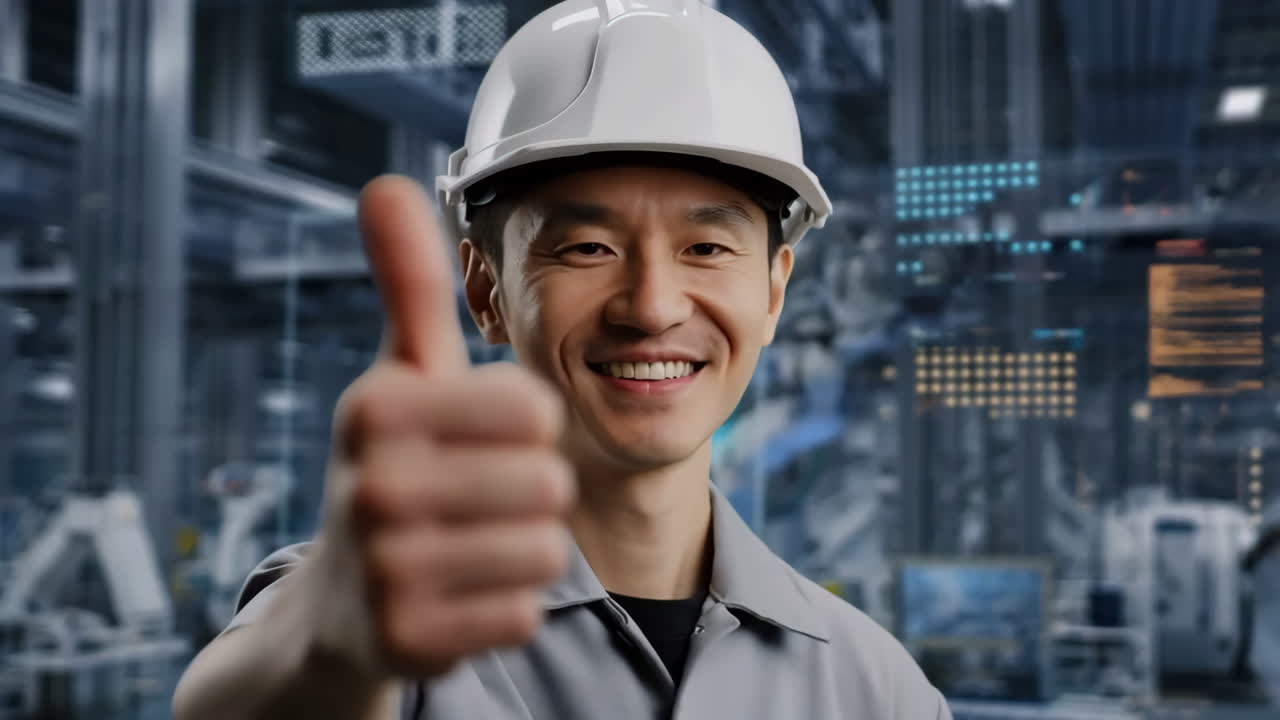 Smiling Engineer Giving Thumbs Up in Modern Factory