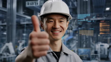 smiling engineer giving thumbs up in modern factory