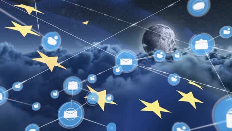 Network-of-digital-icons-over-waving-eu-flag-against-clouds-and-moon-in-the-night-sky