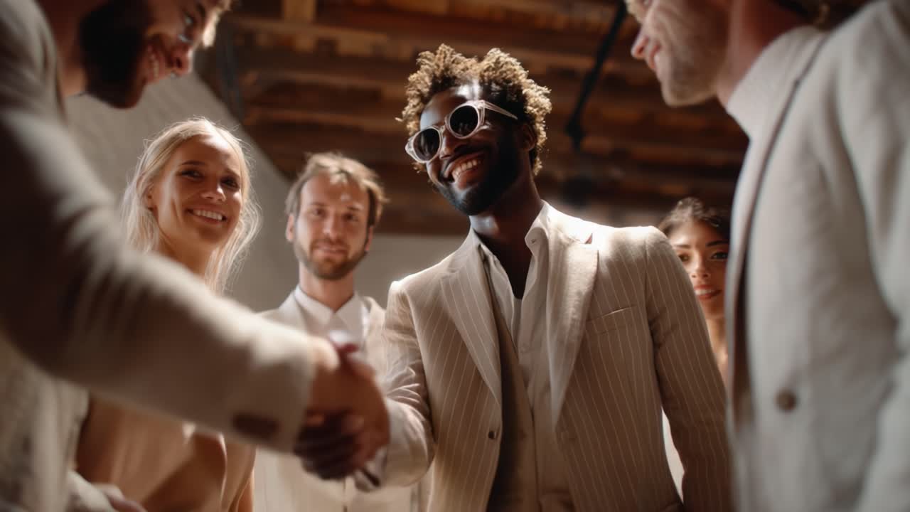 A Celebratory Moment: Friends and Colleagues Engaging in Warm Conversations and Handshakes, Capturing the Joyful Spirit of Connection and Togetherness in an Elegant Atmosphere