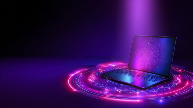 A Futuristic Laptop Surrounded by Dynamic Energy Patterns Illuminated in Vibrant Colors Against a Dark Background, Capturing the Essence of Technology and Innovation