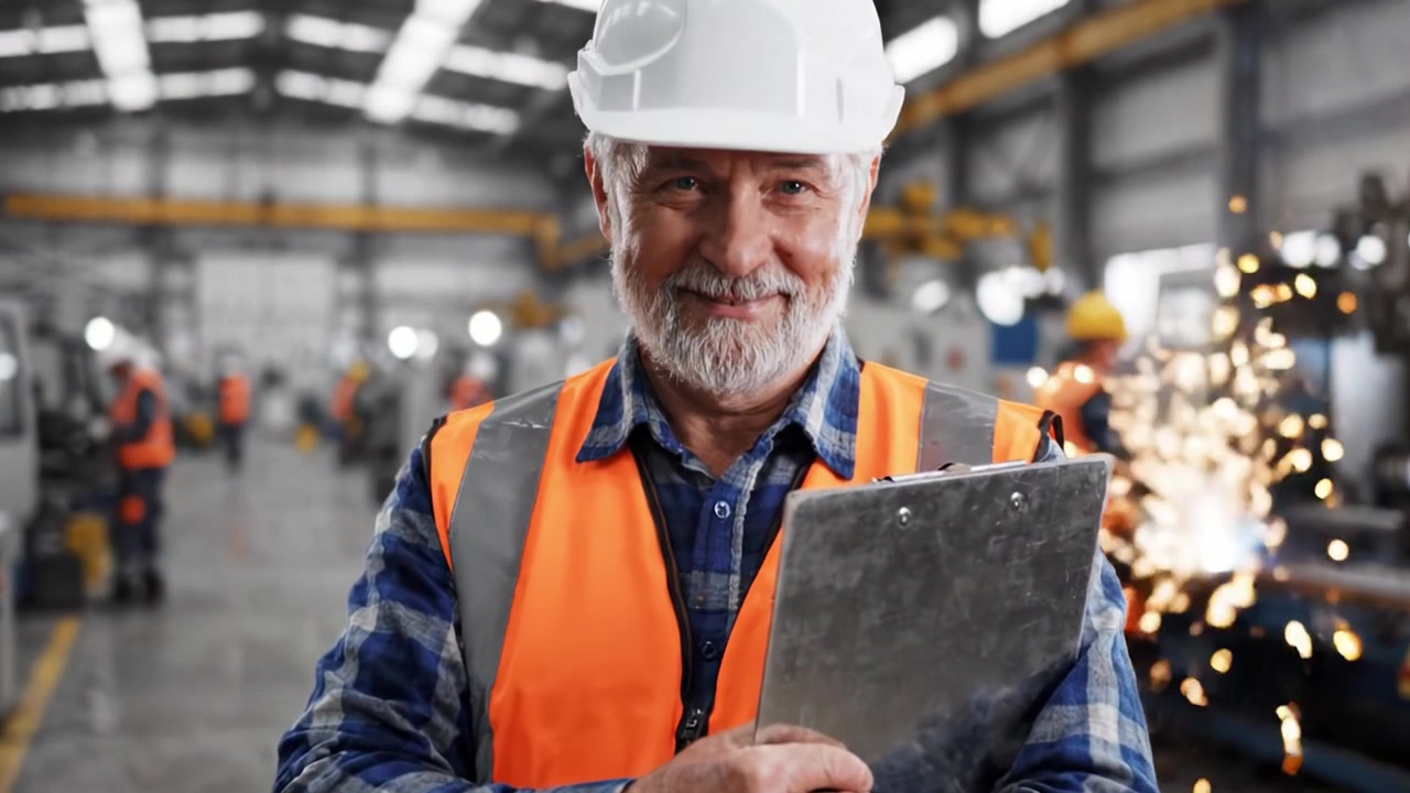 Operaio industriale fiducioso con equipaggiamento di sicurezza che supervisiona le operazioni dell'officina, mostrando esperienza e leadership in un vivace ambiente di produzione mentre tiene in mano un blocco appunti
