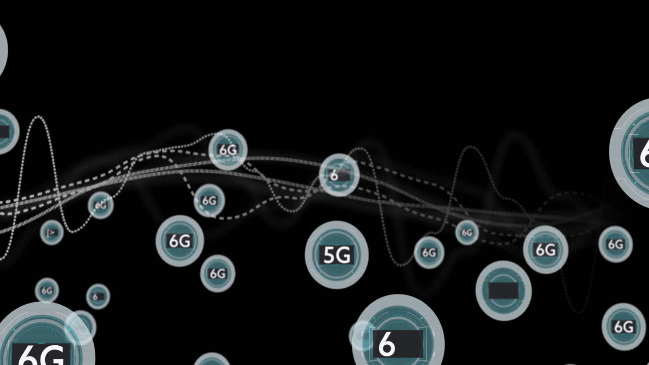 animación de procesamiento de datos de red 5g y 6g sobre fondo negro con formas de onda