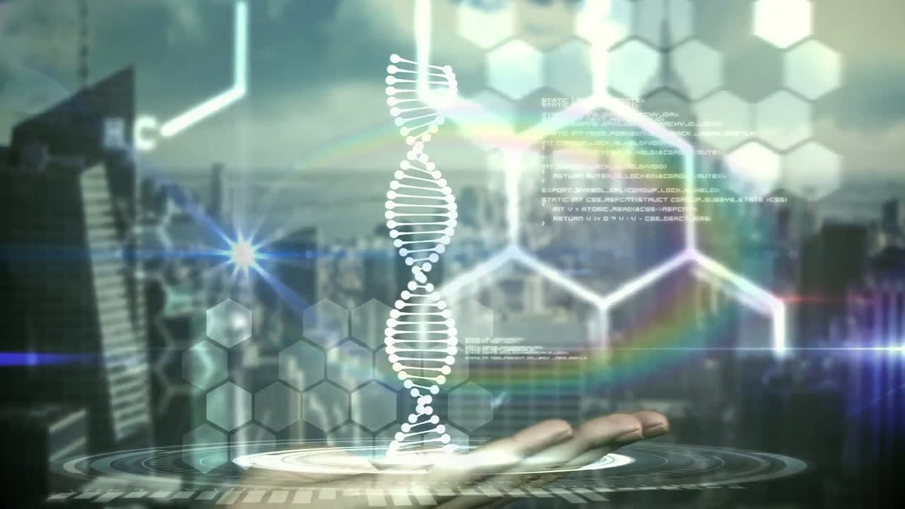 화학적 및 dna 구조의 애니메이션이 도시 풍경의 공중 전망과 함께 손 위에 회전합니다.
