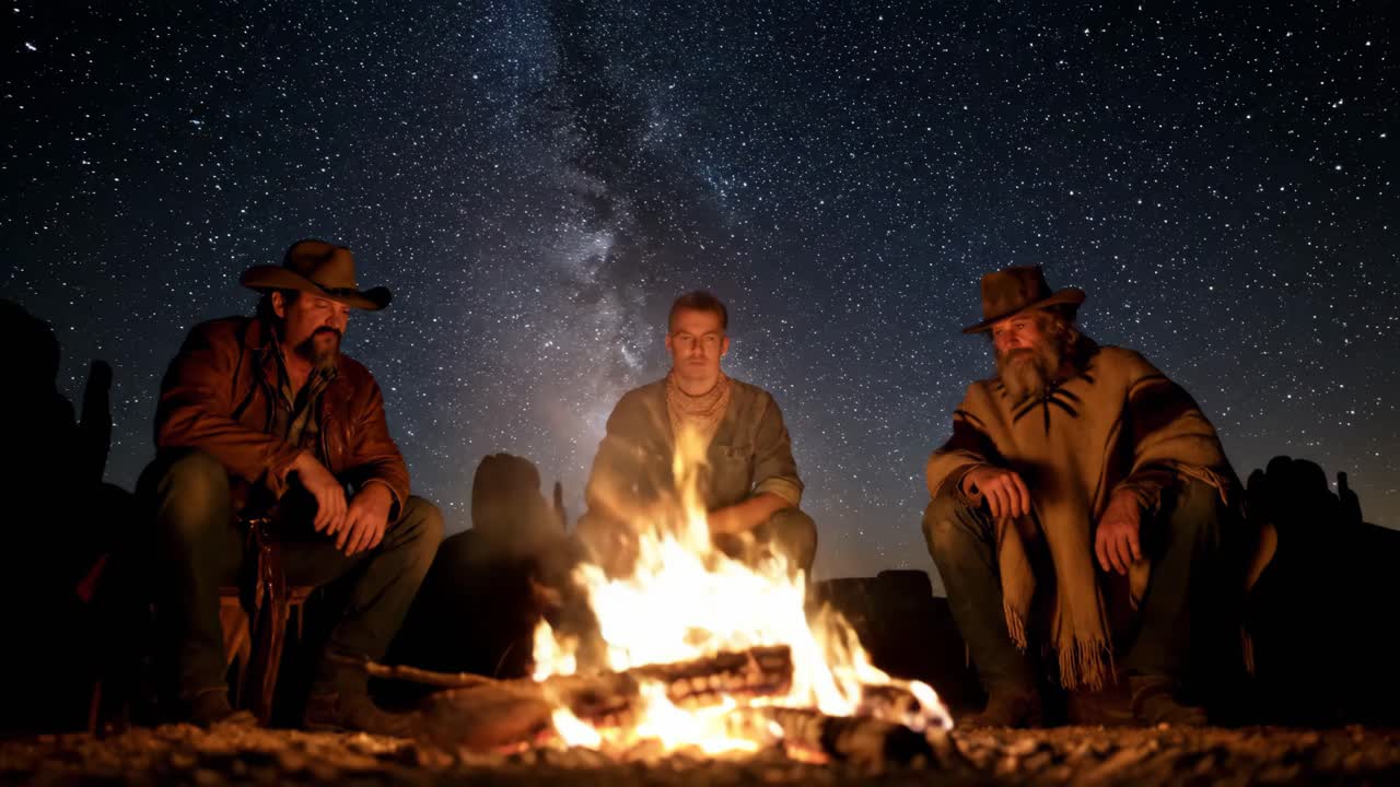 Cowboys around a campfire under the stars