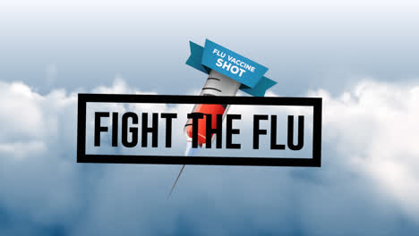 fight the flu text banner with syringe icon against clouds in the blue sky