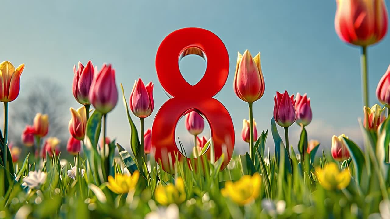 A large red number 8 surrounded by vibrant tulips in a field under a blue sky
