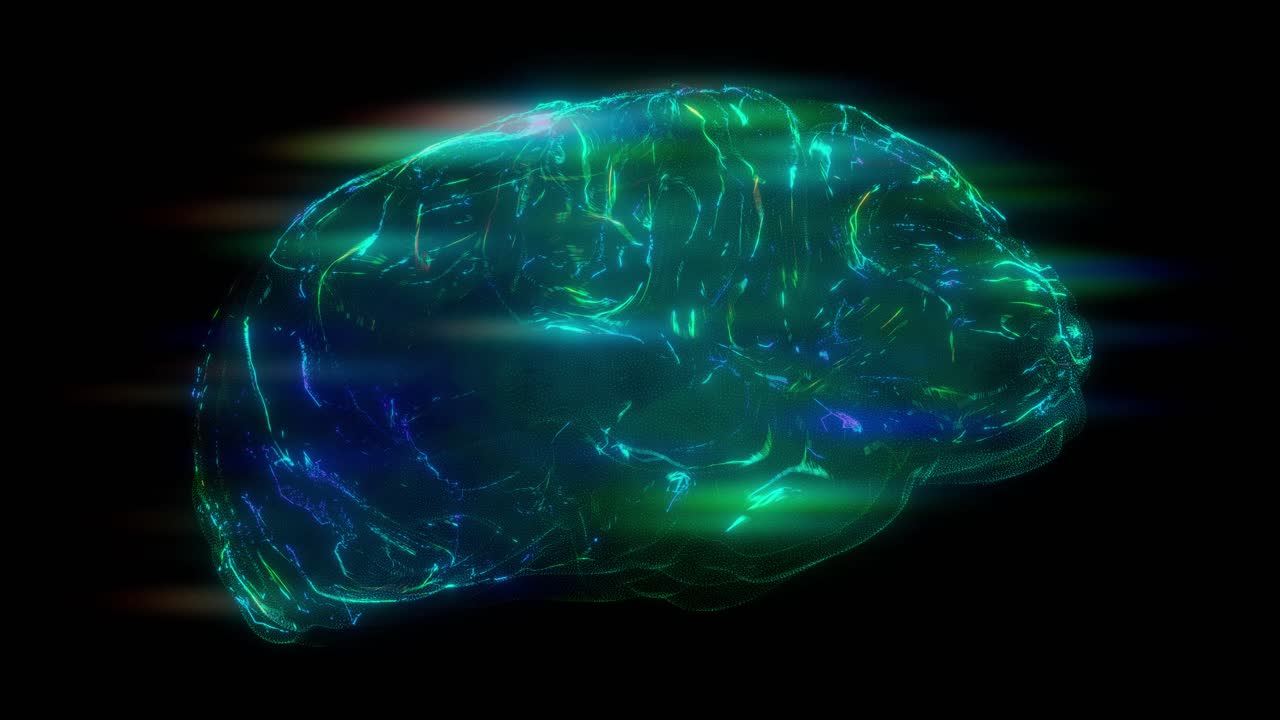 Particle simulation visualizing brain activity, digital neuronal connections flashing