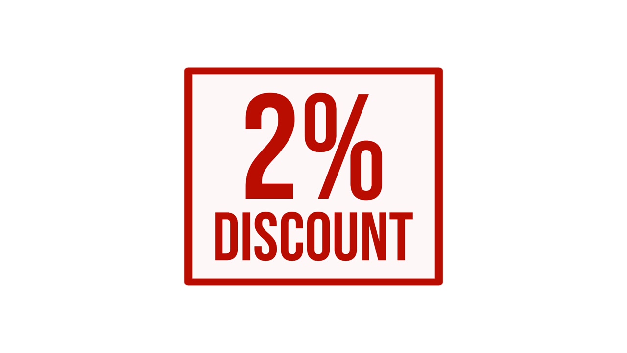 Animation 2% discount label motion graphic with bold red typography on white background, ideal for sales promotions, special offers, retail advertising, marketing campaigns, and e-commerce videos.