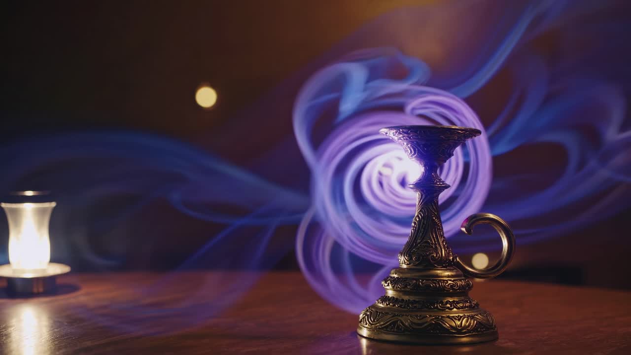 Antique candlestick sits on a wooden table, emitting magical blue swirls of light, creating a mystical and enchanting atmosphere with a small lamp in the background