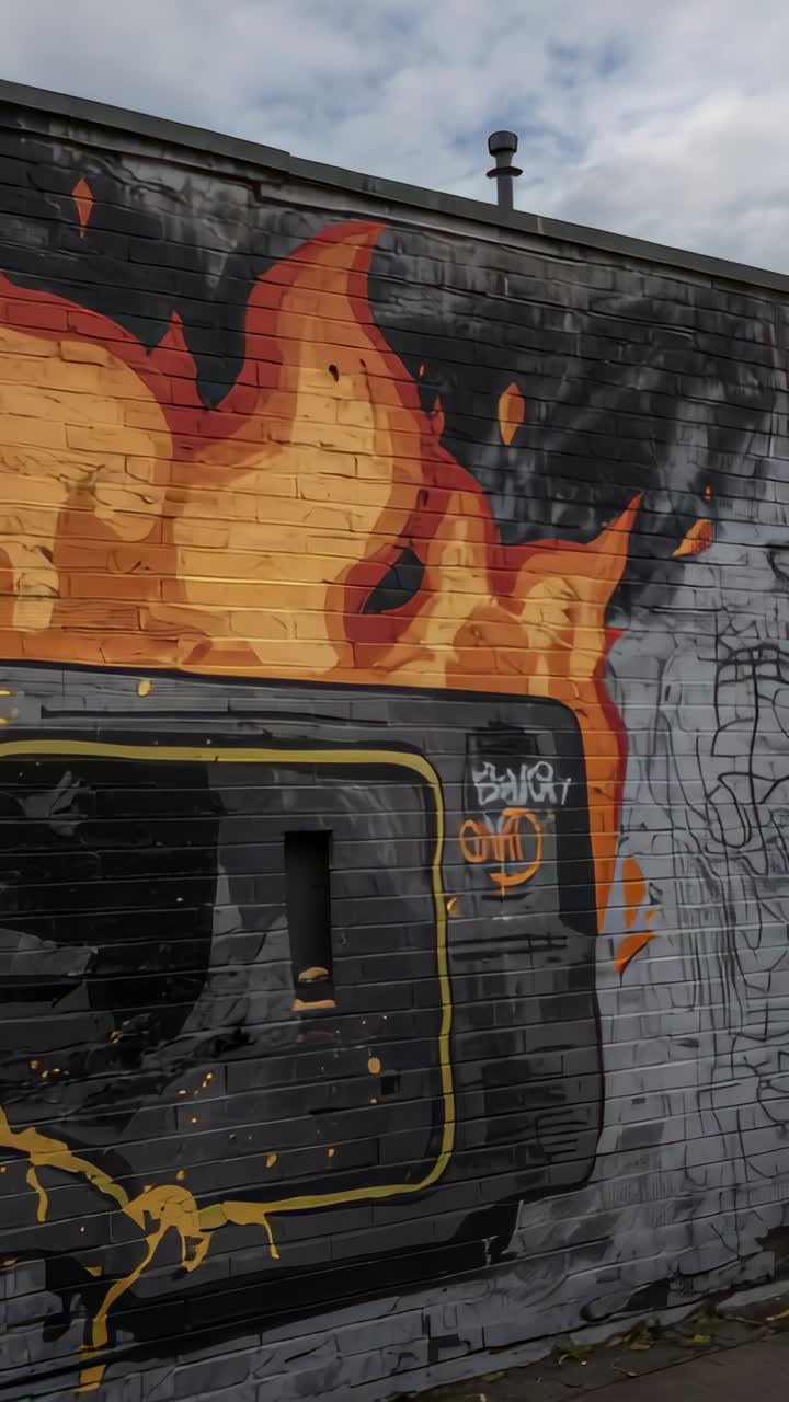 Vertical video: Panning camera on cassette mural on brick wall showing flames and graffiti tags