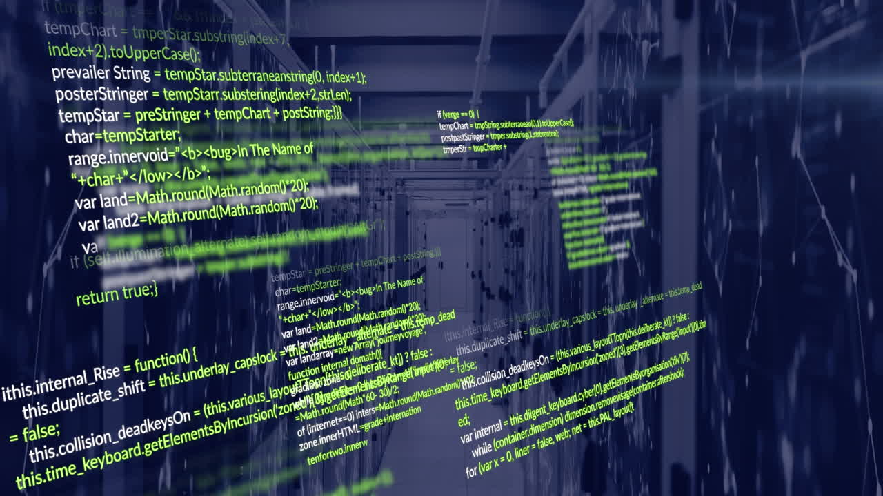Animation of data processing and network of connections against computer server room