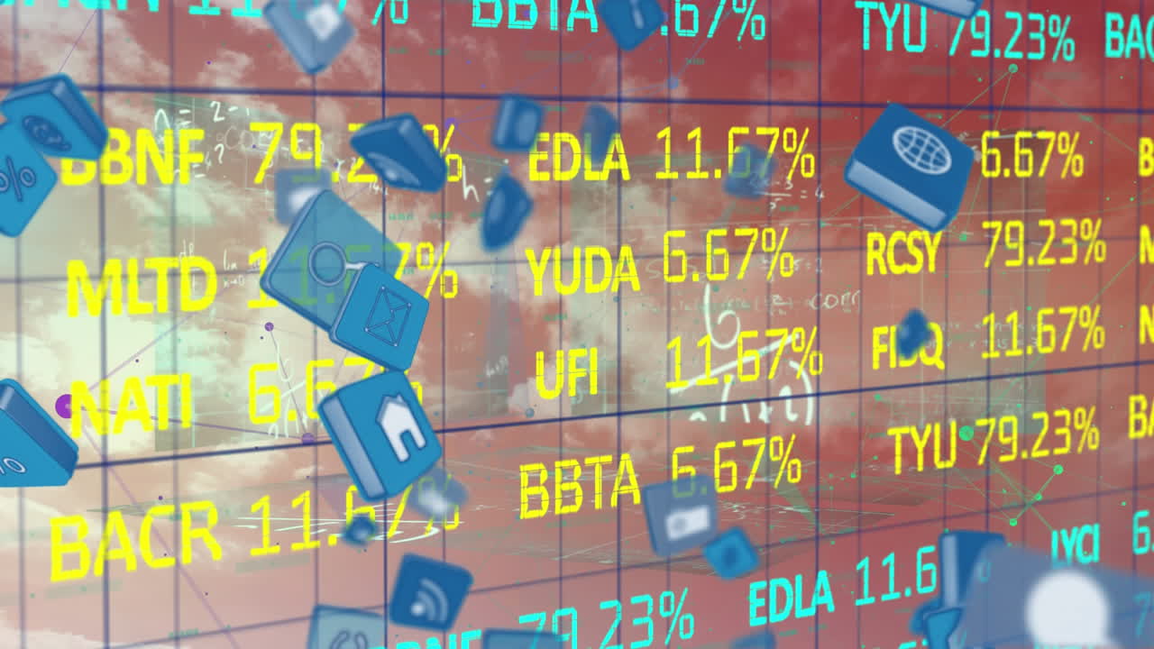 소셜 미디어 아이콘의 디지털 복합 비디오가 주식 시장 데이터 처리에 맞서 움직입니다.