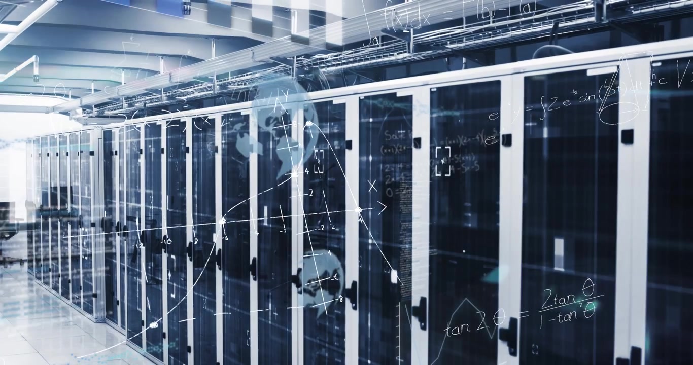 Server Room with Digital Data and Mathematical Formula Overlays
