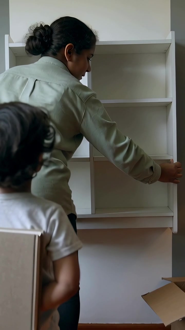 Video verticale: madre con camicia verde che sistema un vano portaoggetti a casa dopo aver disfatto i bagagli