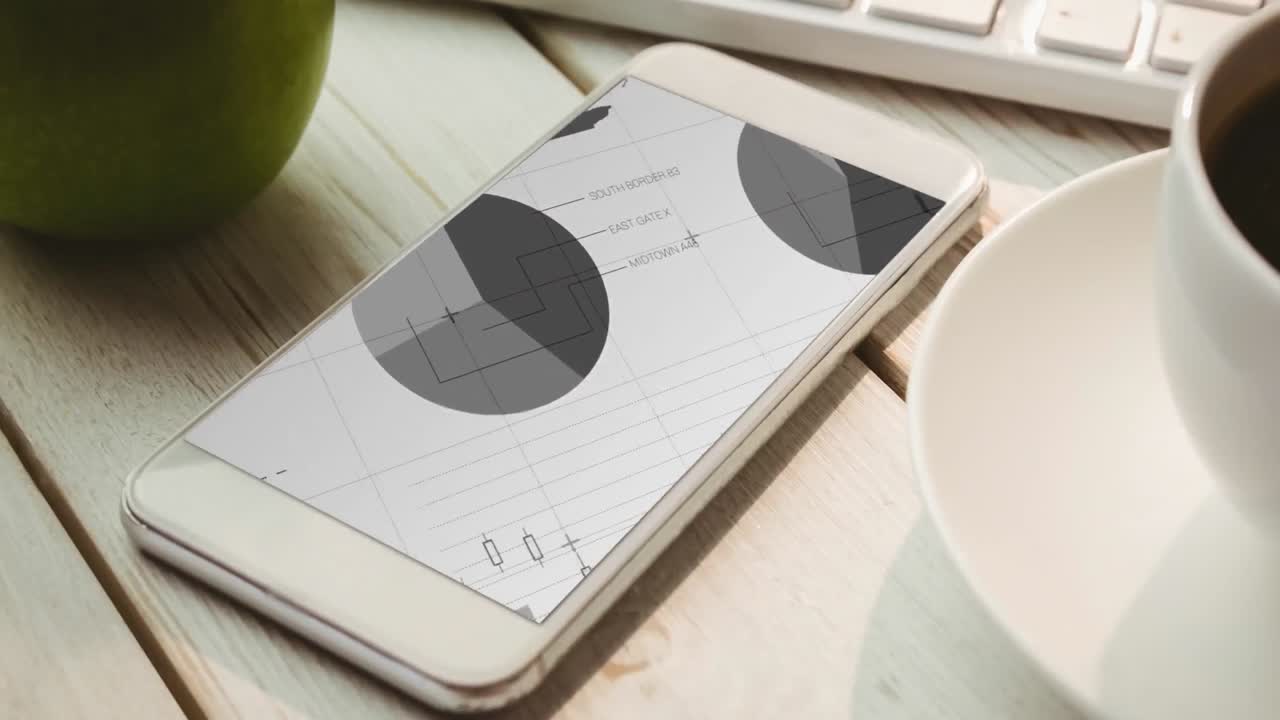 Animation of a smartphone showing graphs and statistics on the screen