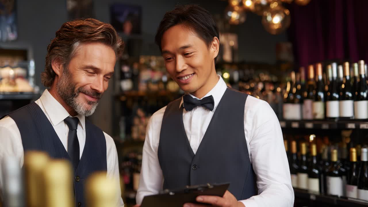 Engaging Conversation Between Two Wine Experts at a Sophisticated Wine Shop, Sharing Insights and Recommendations Amidst a Display of Exquisite Bottles Capturing the Essence of Fine Wine Selection