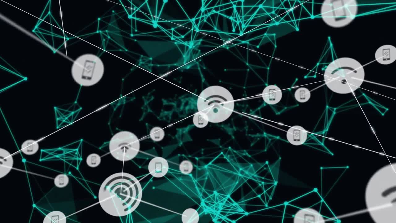 animación de la red de conexiones con iconos sobre fondo negro
