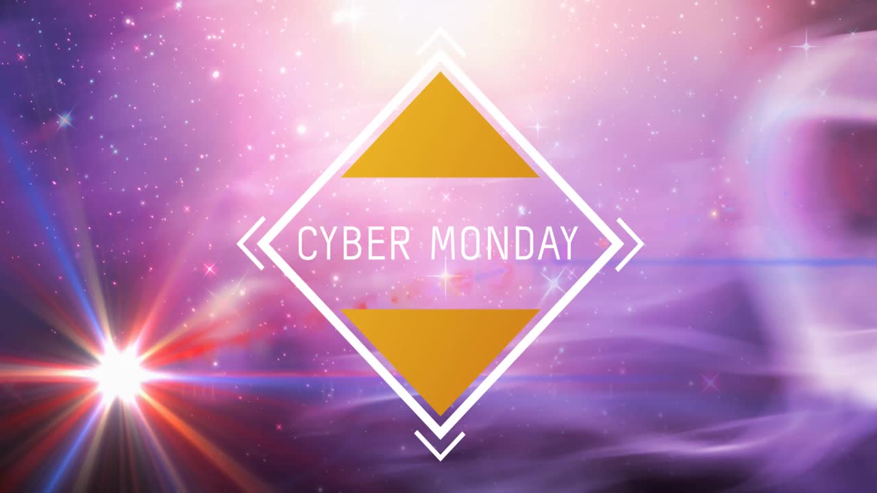 Animazione di testo 'Cyber Monday' in cornice bianca su sfondo luminoso dal rosa al viola