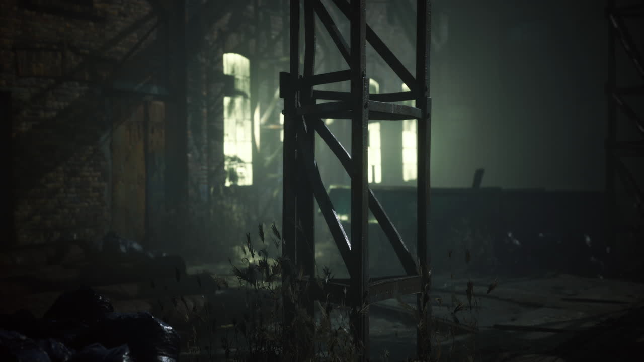 Abandoned industrial site illuminated by eerie light during nighttime hours