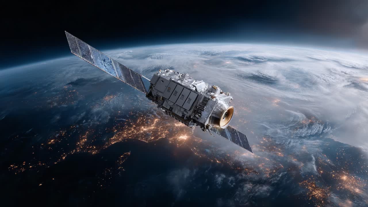 An Advanced Satellite Orbiting Earth, Capturing Stunning Views of the Planet's Surface and Illuminated Cities from Space in a Stunning Display of Technology and Innovation
