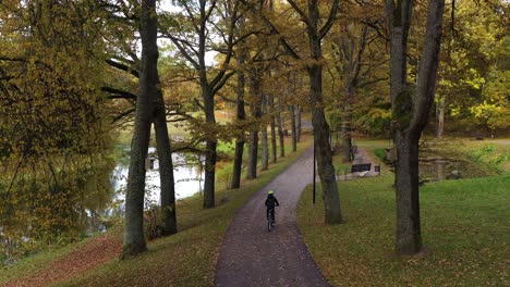 Unknown-kids-run-and-ride-on-park-pathway-in-autumn-season,-aerial-back-view