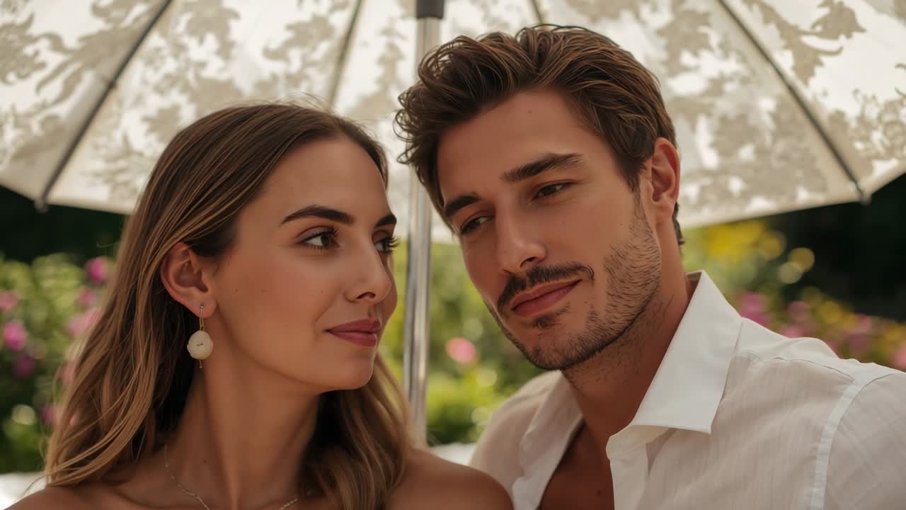 Smiling man glancing at woman, leaning under parasol in love with strapless top pendant white shirt