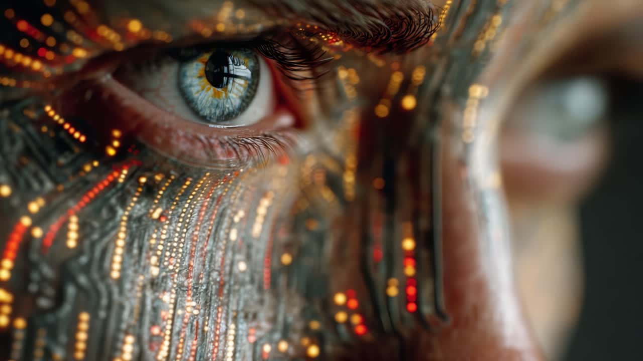 A Close-Up View of a Hypothetical Cybernetic Face Blending Human and Machine Features, Highlighting Intricate Circuit Patterns and an Unnatural Eye Color