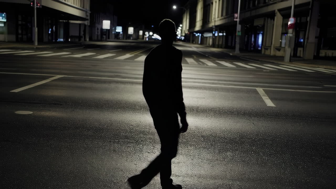 Silhouette of a Person Walking at Night