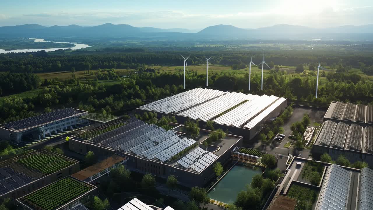 Aerial video view of a solar-powered eco-industrial park with wind turbines, lush greenery