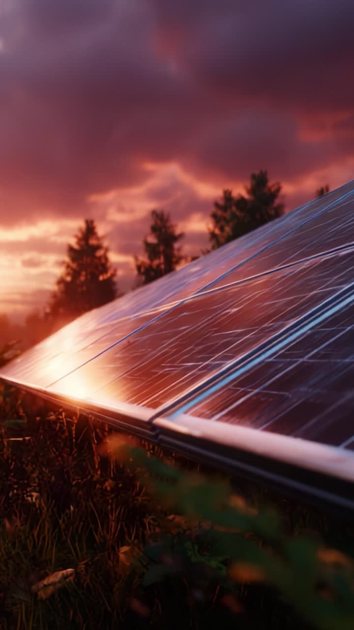 Stunning Sunset Over Solar Panels: A Captivating Display of Renewable Energy Harnessing Natural Light Amidst Beautiful Cloud Patterns and Silhouetted Trees in the Background