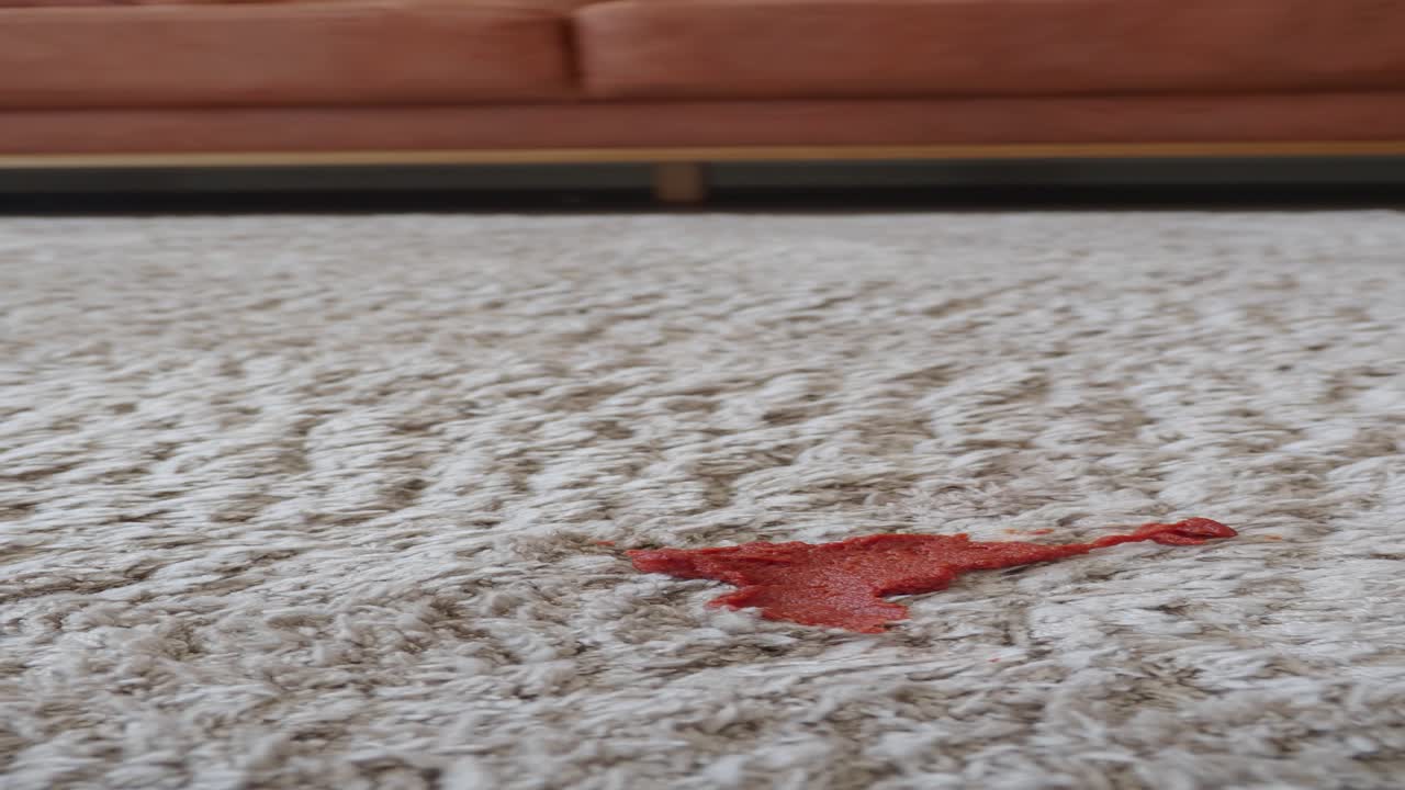 mancha de pasta de tomate en una alfombra de color beige claro