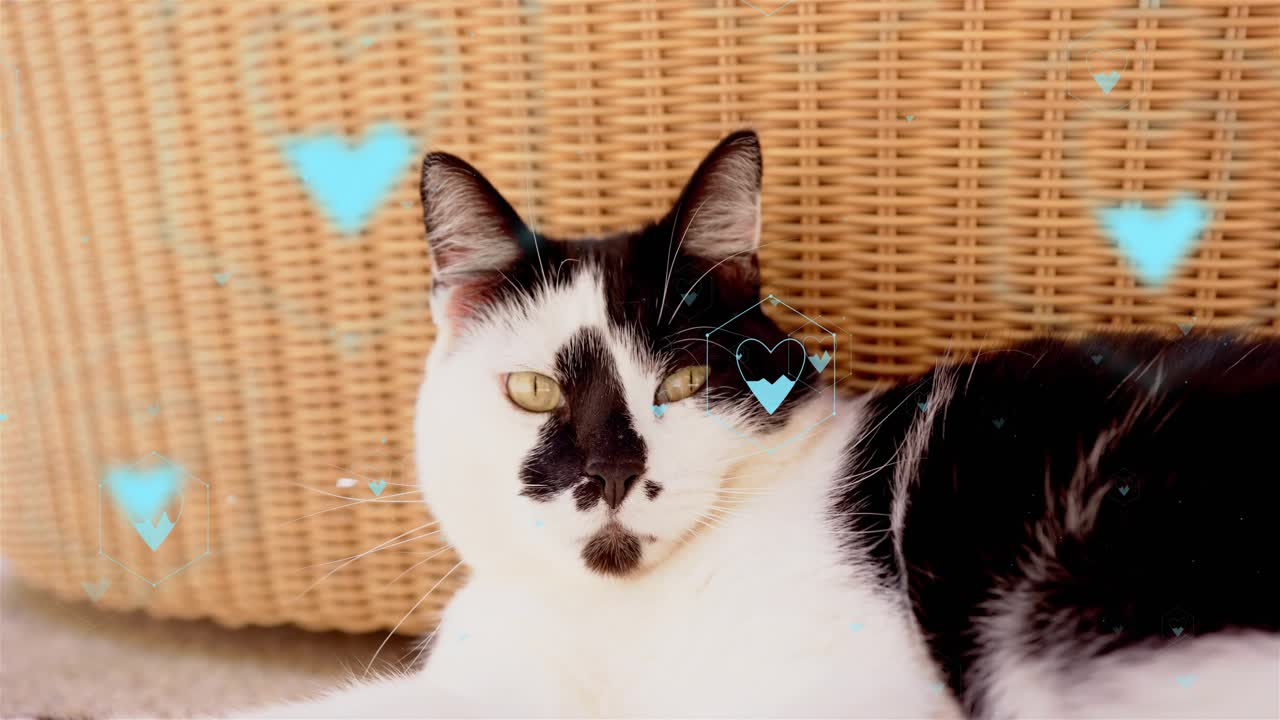 Blue hearts appearing and drifting across frame, bicolor cat blinking and tracking to show love
