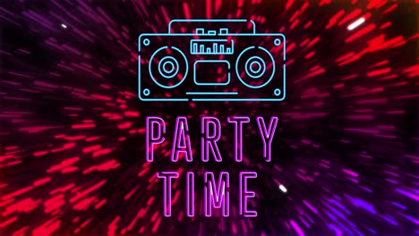 Animation-of-party-time-text-with-radio-icon-over-light-trails-on-black-background