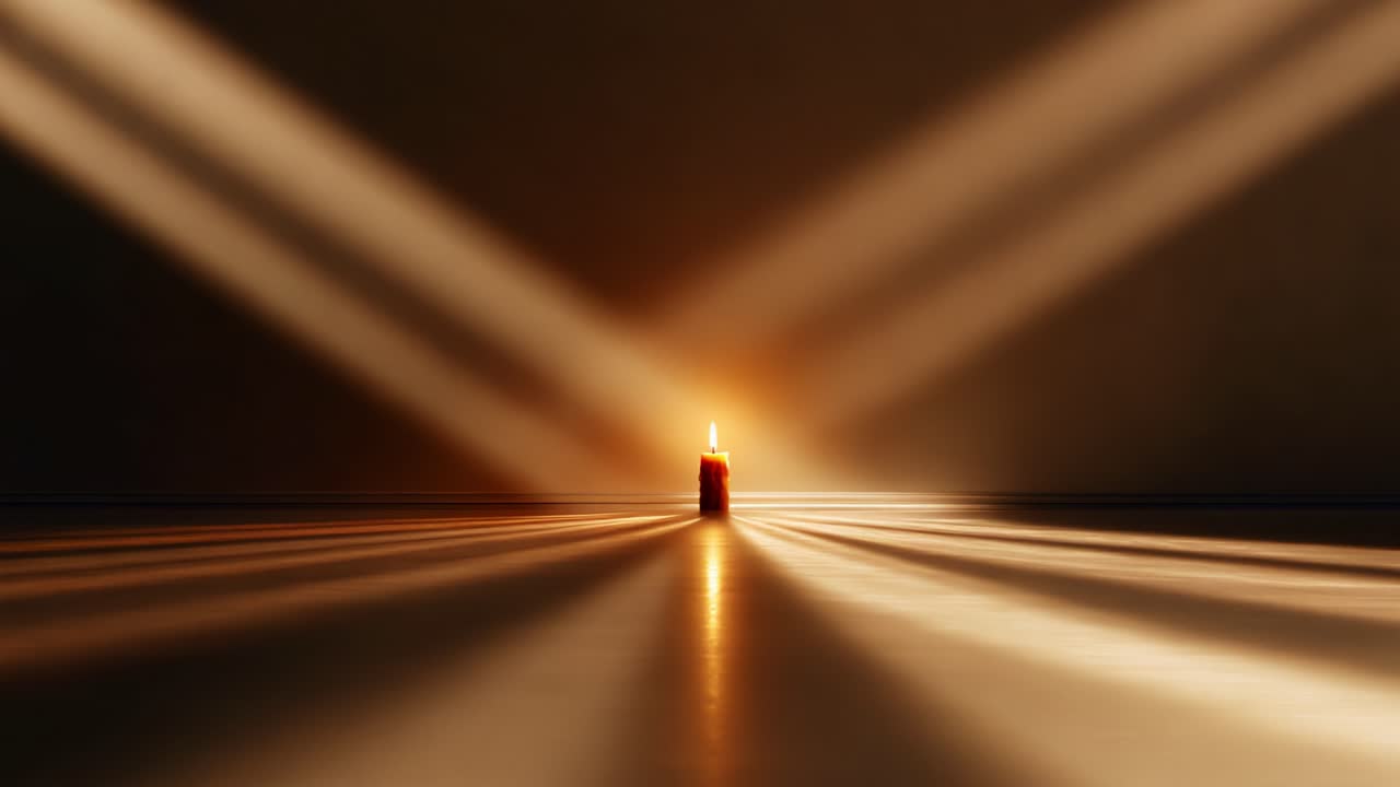 A solitary candle glows warmly in a dimly lit space, casting elongated shadows and soft light across a smooth surface, creating a tranquil ambiance that invites reflection