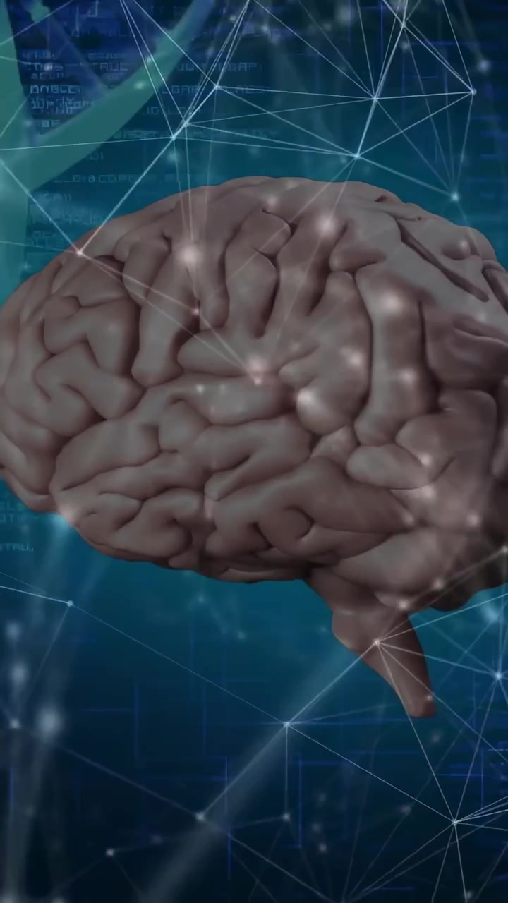 Vertical video: Scene start 3D brain rotating while network pulsing, DNA helix left, for labs