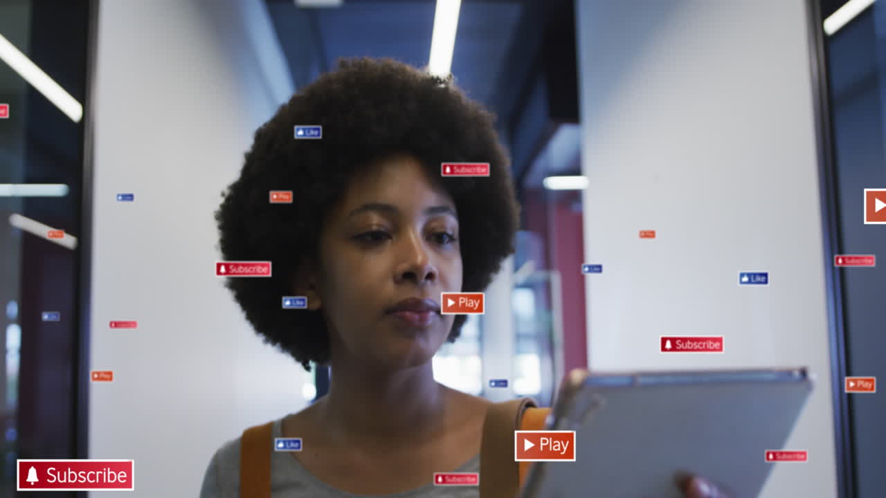 Animation of social media data processing over african american businesswoman
