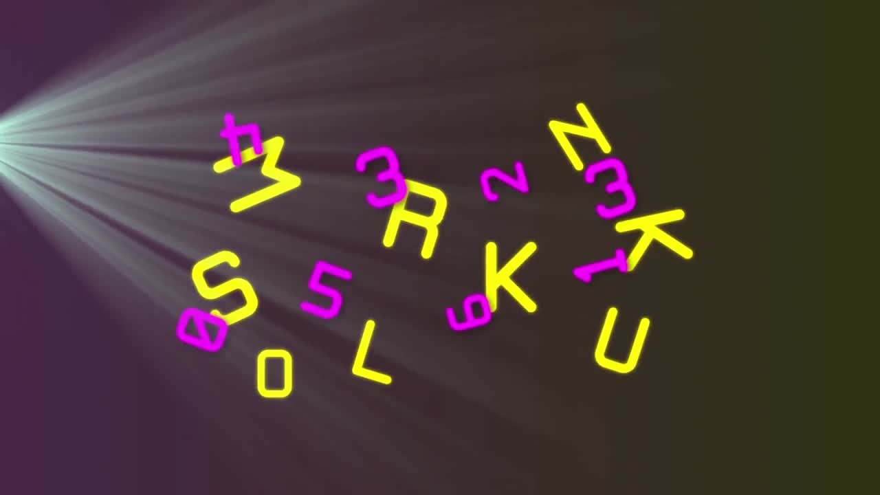 Animation of changing pink numbers and yellow letters over lightbeam on black background