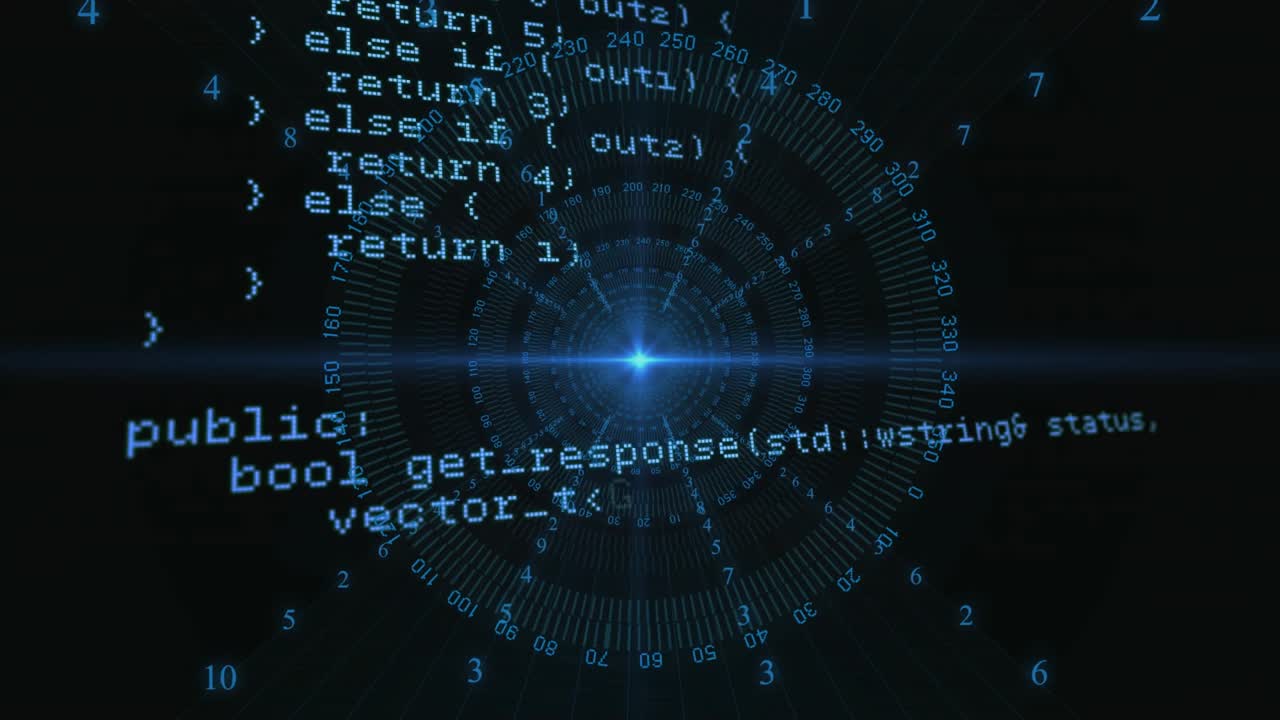 After loading, glowing HUD rotating, pulsing as C++ code blocks fading, appearing to show workflow