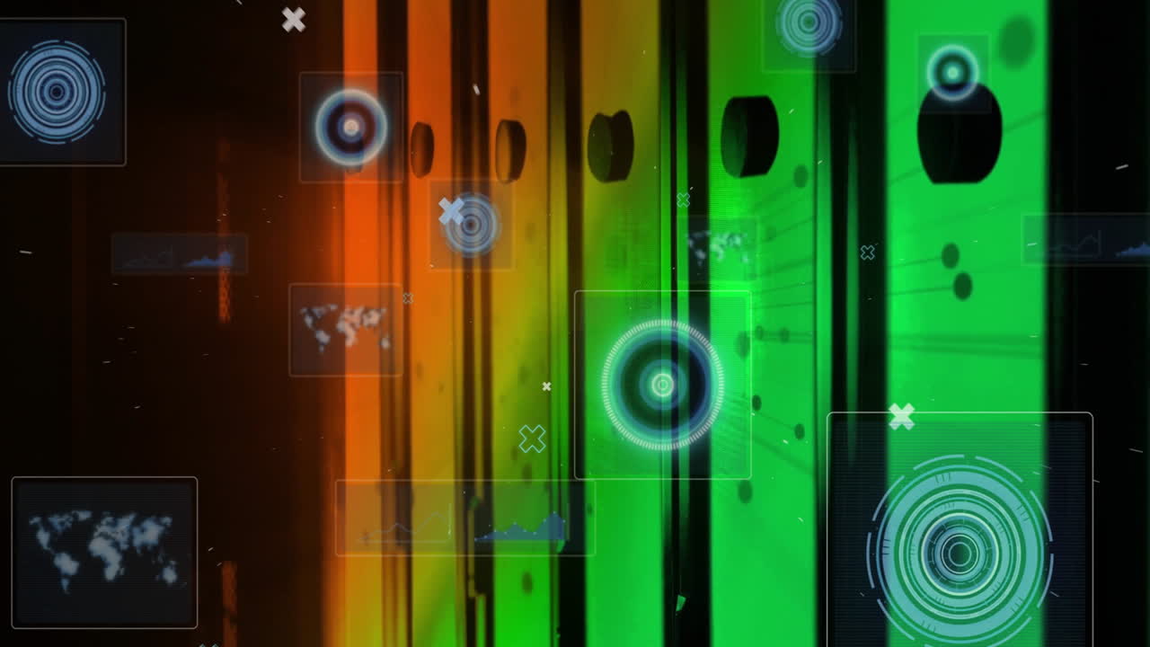 Animation of abstract circular patterns on vibrant orange and green background