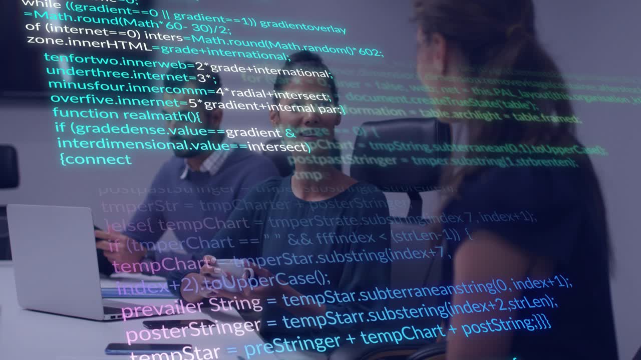 Center woman speaking, gesturing with cup, leading software talk with scrolling code across laptop